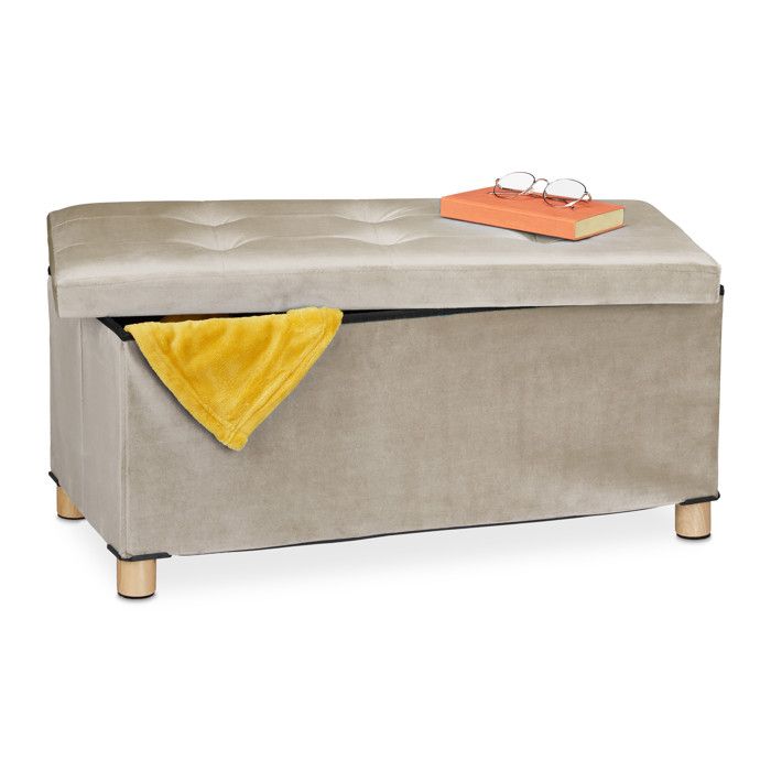 Relaxdays Banquette de rangement, couvercle matelassé, revêtement velours, pieds en bois, HLP : 34x76x38 cm, crème