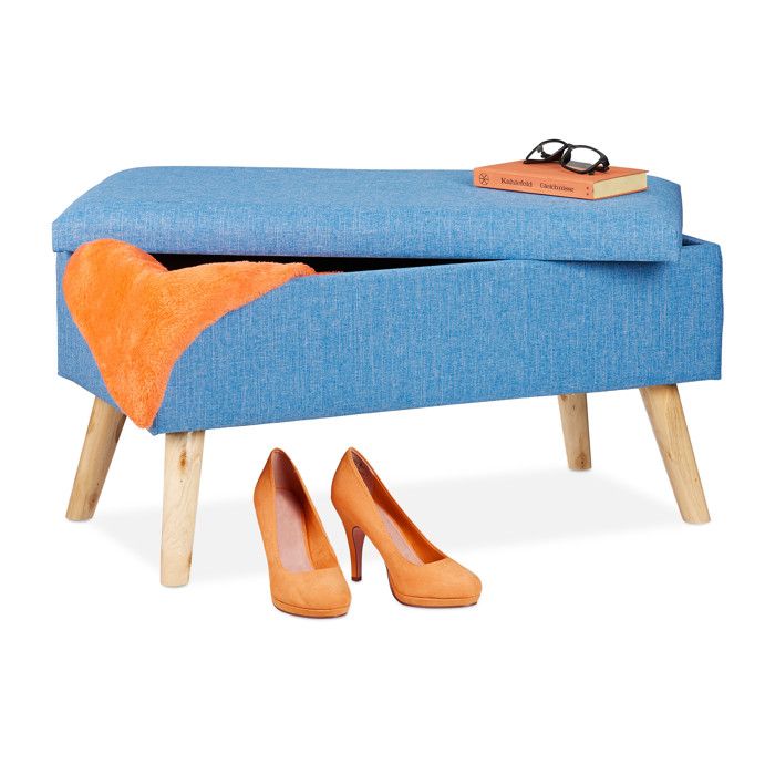 Relaxdays Banc de rangement, rembourré, pieds bois, banquette , coffre avec revêtement tissu HxLxP:39 x77x 39cm,bleu