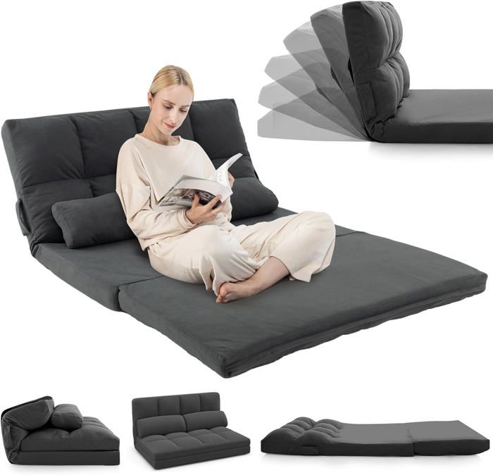 RELAX4LIFE Canapé Pliable 2 Places en Velours, Dossier Réglable en 6 Positions, 2 Oreillers, Fauteuil Charge 150KG, Gris Foncé