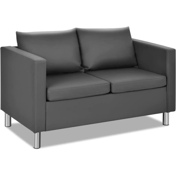 RELAX4LIFE Canapé Fixe 2 Places avec Coussin & Pouf, Canapé en PU avec Pieds en Métal, pour Bureau/Salon/Chambre, Gris Foncé