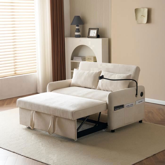 Clic-clac Double Pliant - REDOM - Beige - Avec Dossier Réglable, Support Oour Mobilephone Et Chargement USB