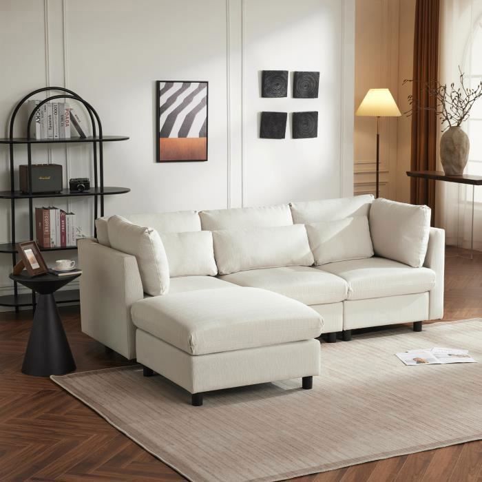 Canapé Moderne 220×83×81cm - REDOM - Lin beige - Canapé D'Angle En L 3 Places Avec Repose-pieds
