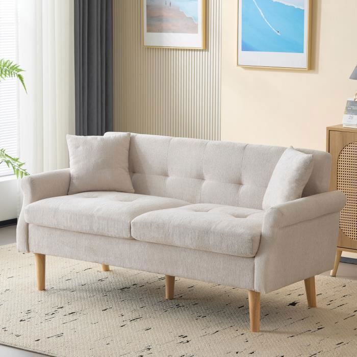 Canapé Double - REDOM - Tissu Chenille Beige - 2 Places - Confort Moelleux - Pieds en Bois