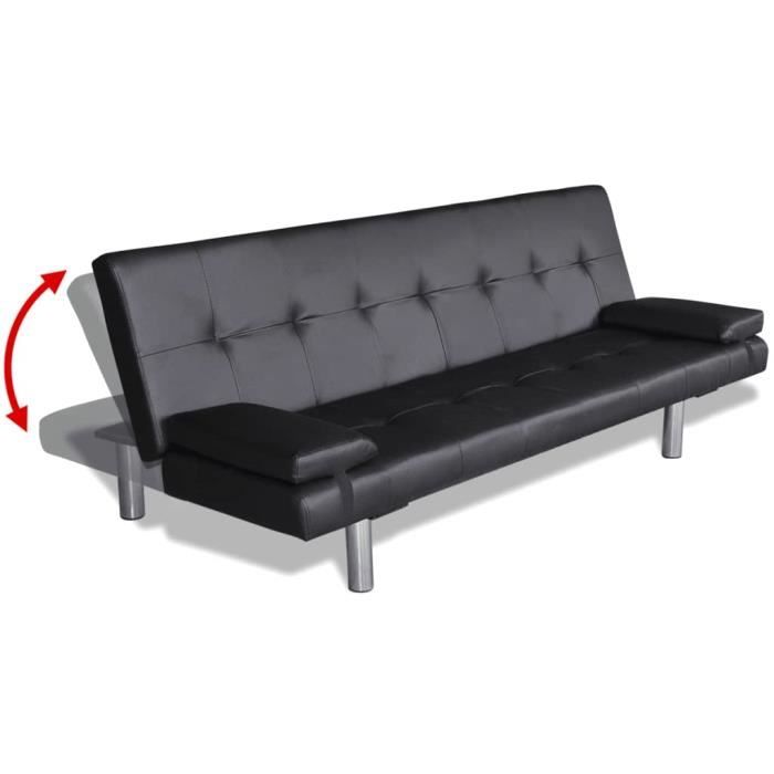 VAG- Canapé-lit réglable avec 2 oreillers Cuir synthétique 168 x 77 x (61,5 - 64 - 66) Cadre en bois + cuir synthétique Noir