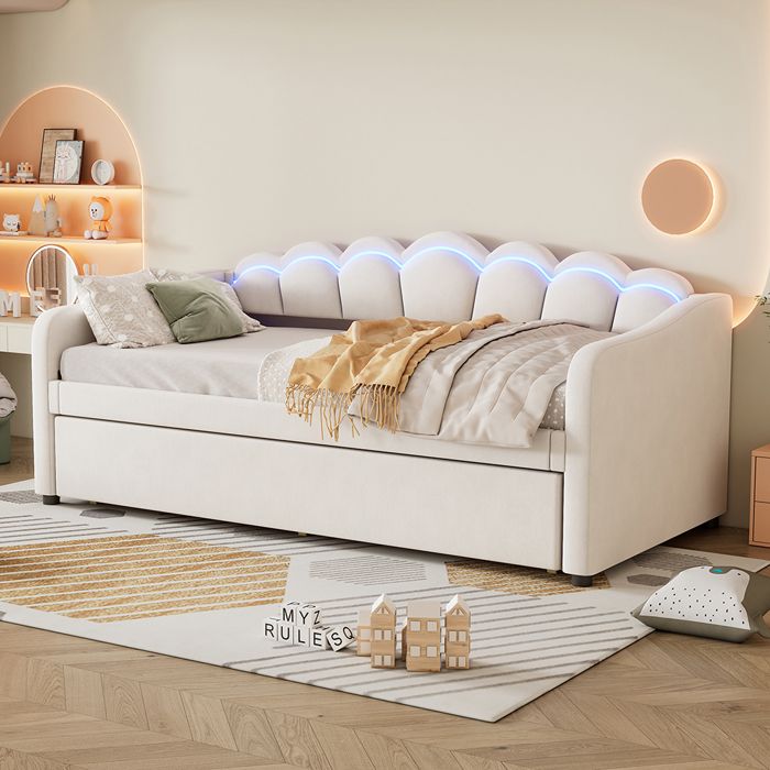 Lit 90x200 cm lit avec lit escamotable canapé-lit lit simple lumière d'ambiance qui change de couleur télécommande beige