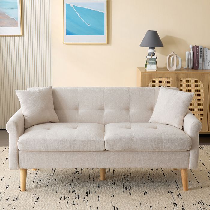 Canapé droit 2 places canapé rembourré avec coussins épais Bois massif Tissu chenille Beige