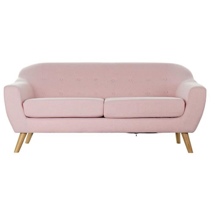 Canapé de salon en polyester rose et bois naturel - longueur 172 x profondeur 80 x hauteur 81 cm