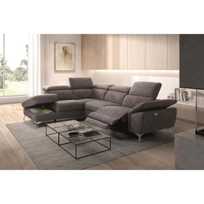 Canapé d'angle 1 relax électrique avec coffre couleur Gris foncé angle à gauche - Longueur 273 x Profondeur 212 x Hauteur 78-99 cm