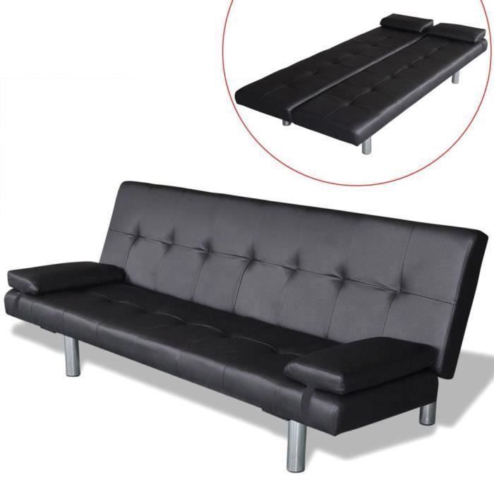 Canapé-lit convertible OVONNI - Cuir synthétique Noir - Réglable en 3 positions - Avec 2 oreillers