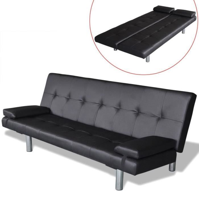Canapé-lit réglable avec 2 oreillers Cuir synthétique Noir Canapé Confortable