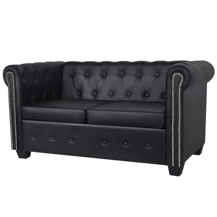 Canapé Chesterfield 2 places - OVONNI - Convertible - Simili Noir - Confort Moelleux