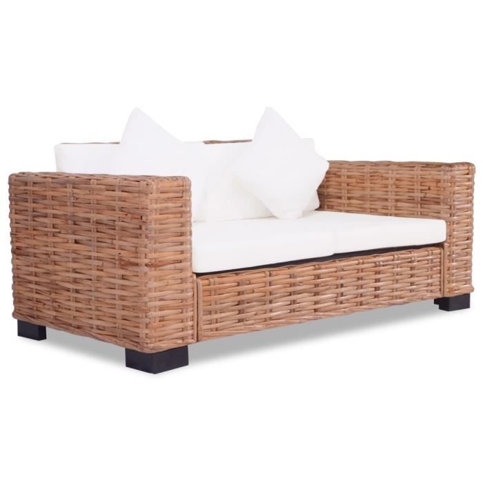 Canapé à 2 places en Rotin naturel - OVONNI - Confortable Sofa - Convertible - Quotidien - Blanc