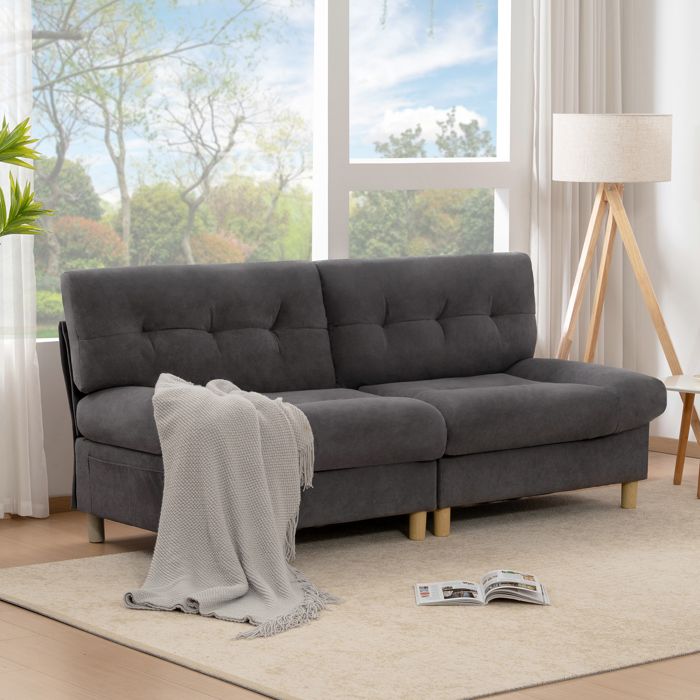 OKWISH Canapé 2 Places 201×85×90cm, avec Dossier Rembourré et Pieds en Bois, Tissu en Velours Teddy, Gris