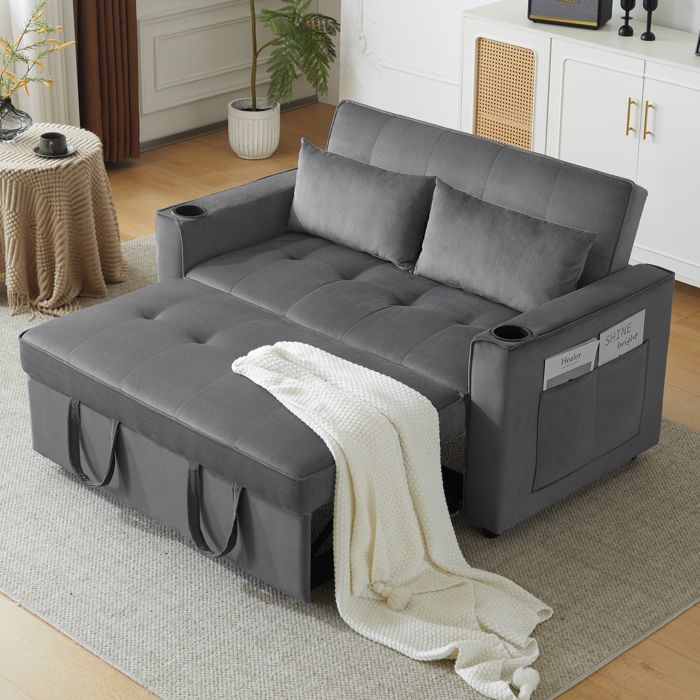 CLIC-CLAC 137×76.5×83cm - OKWISH - Canapé-lit - Porte-gobelet et Oreiller Inclus - Velours Gris