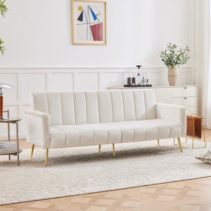 Canapé pliant 183×76×75cm - OKWISH - Avec pieds en métal doré, dossier et accoudoir réglables - Velours beige
