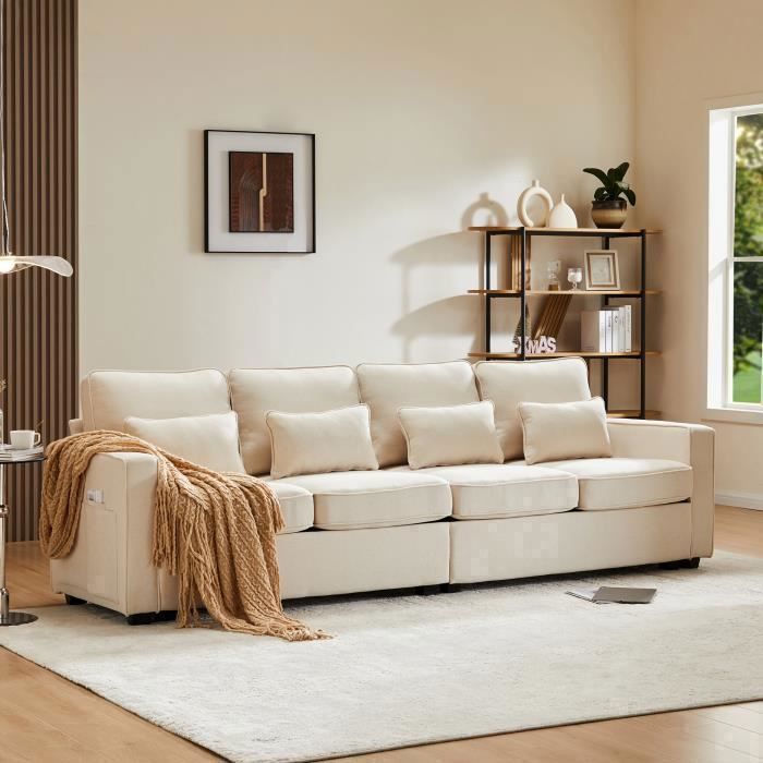 Canapé moderne 4 places - OKWISH - Tissu lin - Beige - Avec coussins et poches d'accoudoir