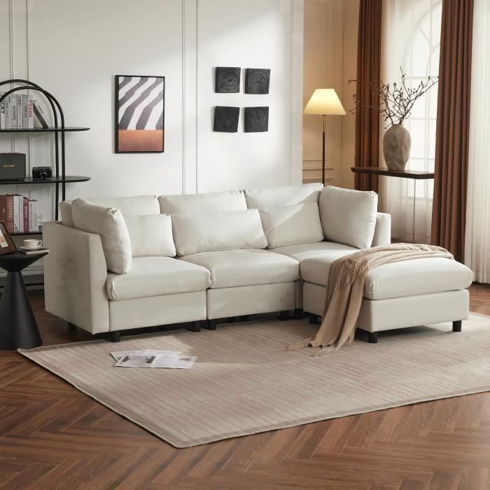Canapé moderne 3 places 220×83×81cm - OKWISH - Canapé d'angle en L avec repose-pieds - Lin beige