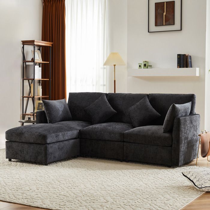 Canapé d'angle réversible en L 216×161×81cm - OKWISH - 3 places - Tissu chenille - Gris