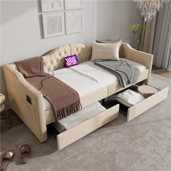Canapé Lit 90x200cm Avec USB Type-C ,canape Lit 2 Places Convertible, Avec 2 Tiroirs - Velours Beige (sans Matelas)