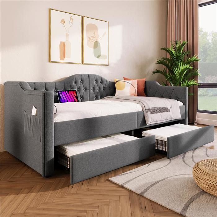 Canapé Lit 90x190 Avec USB Type-C ,canape Lit 2 Places Convertible, Avec 2 Tiroirs - Lin Gris(sans Matelas)