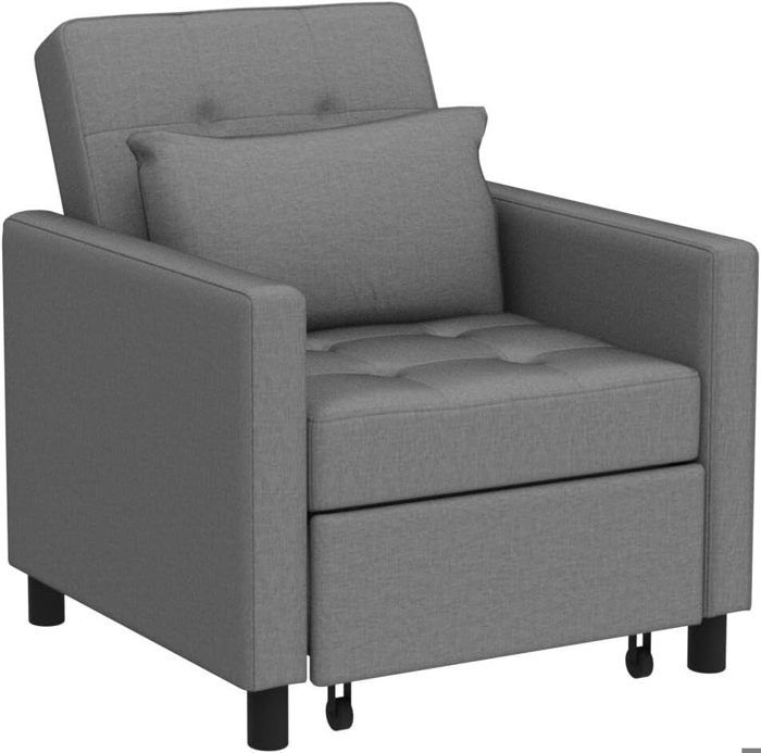 Fauteuil Gris - Canapé-lit Convertible 1 Place avec Dossier Inclinable 3 Positions + Accoudoirs + Coussin
