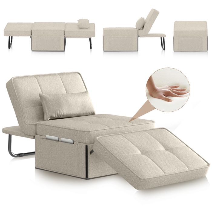 Canapé-lit Pliant avec Oreiller-180X80X38 CM,Fauteuil-lit 4 en 1,Dossier inclinable 5 Positions 1 Place,avec Poche de Rangement,Kaki