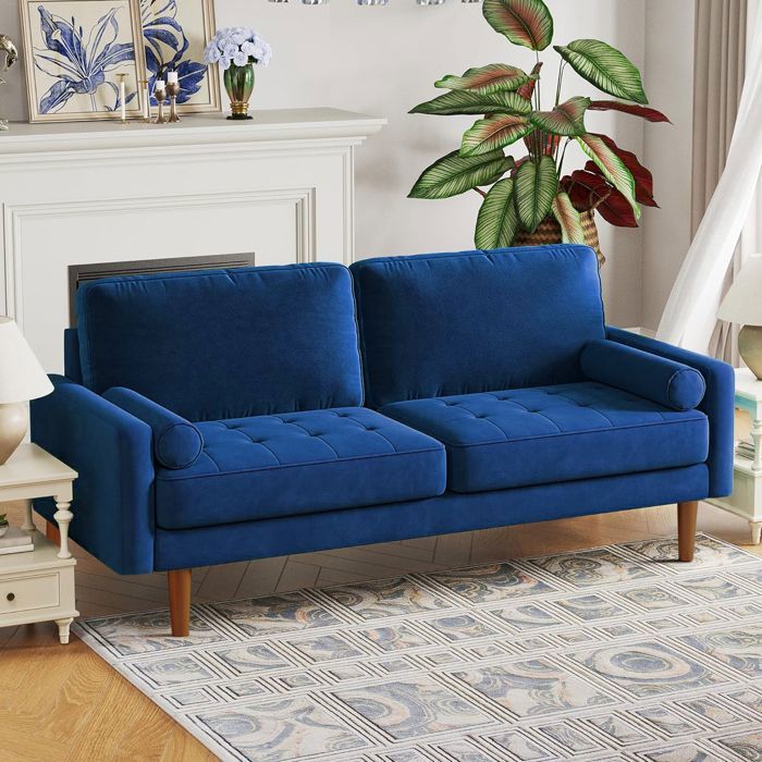 Canapé Moderne 3 Places en Velours Bleu - Accoudoirs Rembourrés - Bois Massif - 173x77x86cm