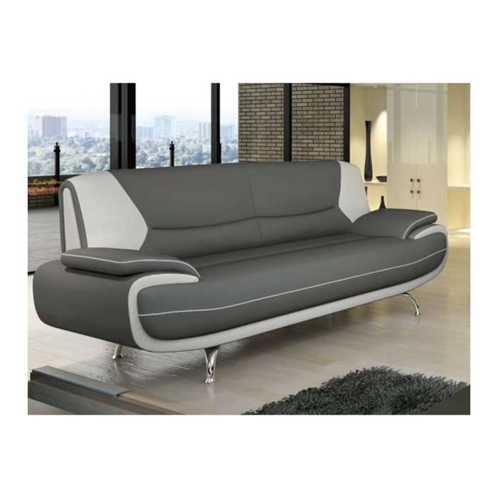 Canapé design 3 places en simili cuir gris et blanc - MUZA - Ferme - Contemporain - Design
