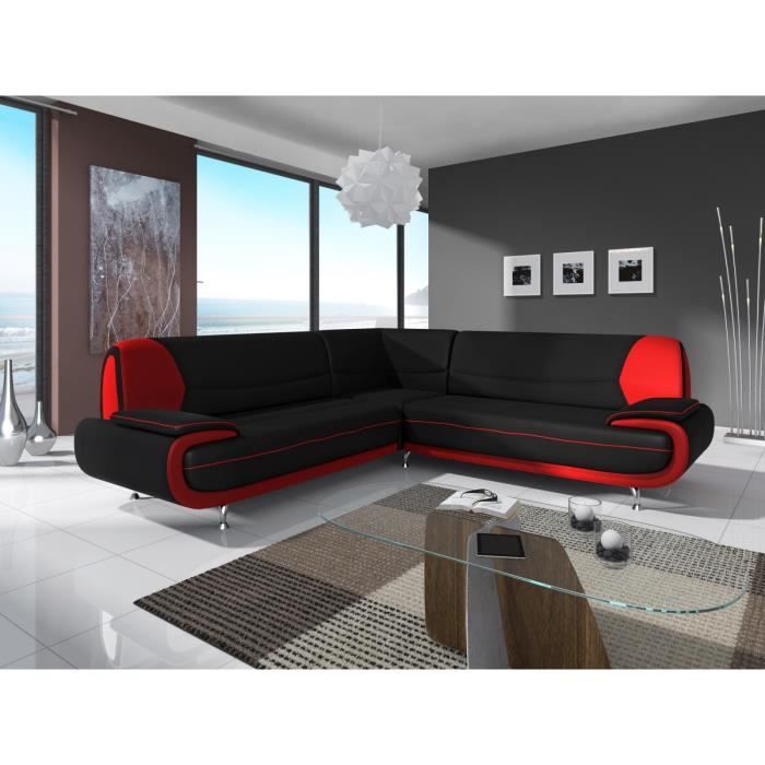 Canapé d'angle - MUZA - 5 places - Simili cuir noir et rouge - Design contemporain - Confort ferme