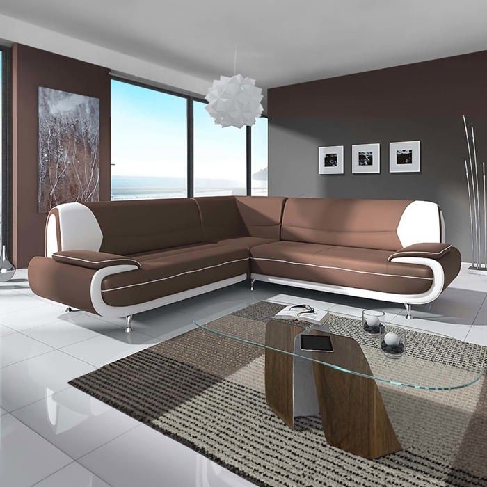 MUZA - Canapé d'angle design en simili cuir marron et blanc