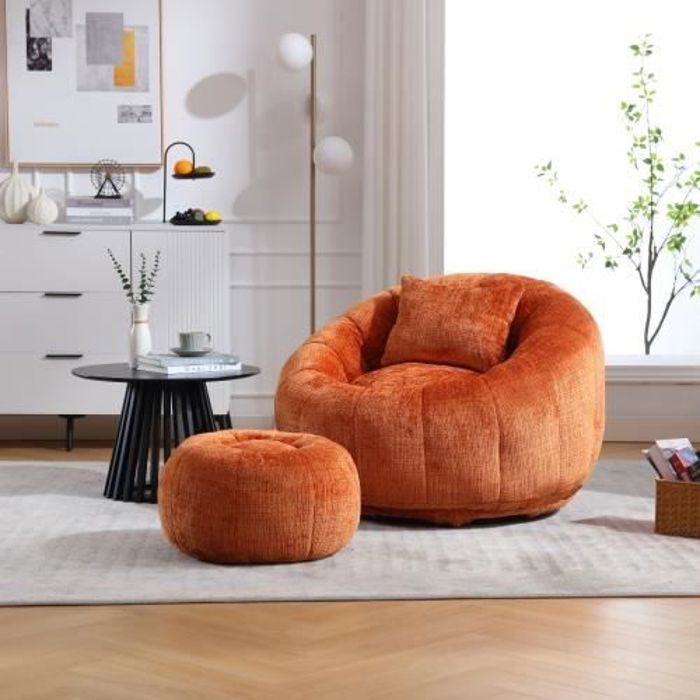 Chaise Bean Bag - Canapé - Orange - Mousse à mémoire de forme - Design pivotant 360° - 1 place