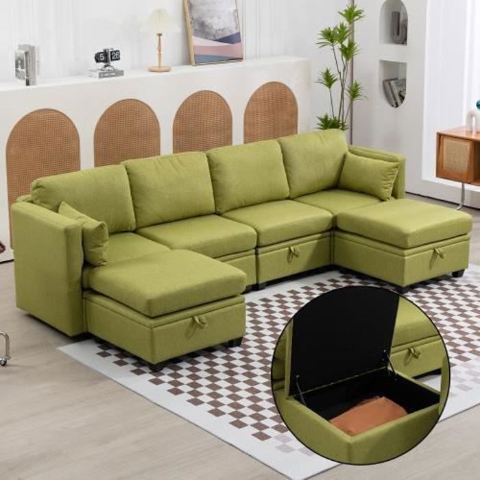 Canapé en U - Non spécifié - Convertible - Tissu de lin - 5 places - Vert olive