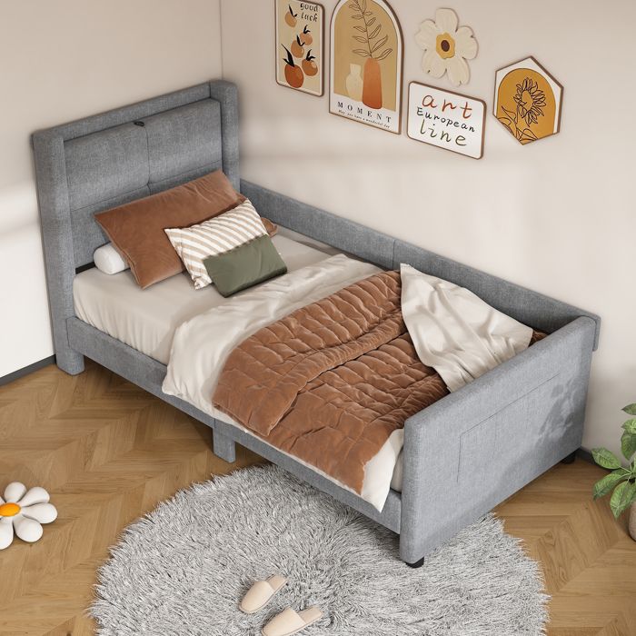 Lit simple banquette 90x200 cm - avec USB - tissu en lin - Gris
