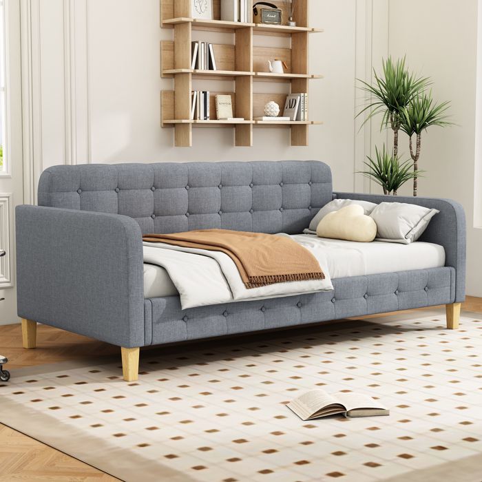 Lit banquette capitonné 90x200 cm - tissu en lin - Gris