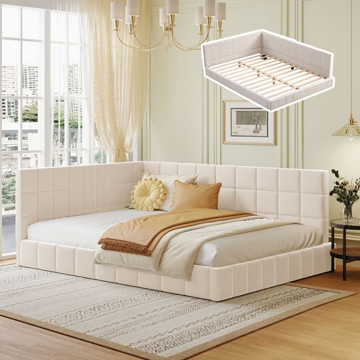 Lit rembourré Canapé 140 x 200 - Lit multifonctionnel - Avec sommier en velours - Beige