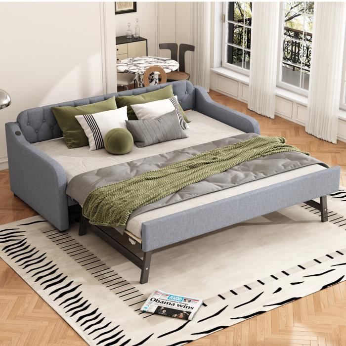 Canapé-lit 90 * 200cm, lit de jour, avec lit gigogne, port USB, gris