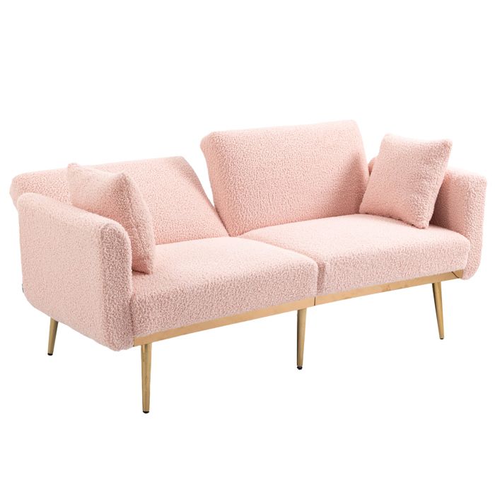 Canapé 3 Places en Velours, Convertible 3 Positions, Pieds Métalliques Solides, Pour Salon, Chambre ou Petit Espace, Nounours Rose