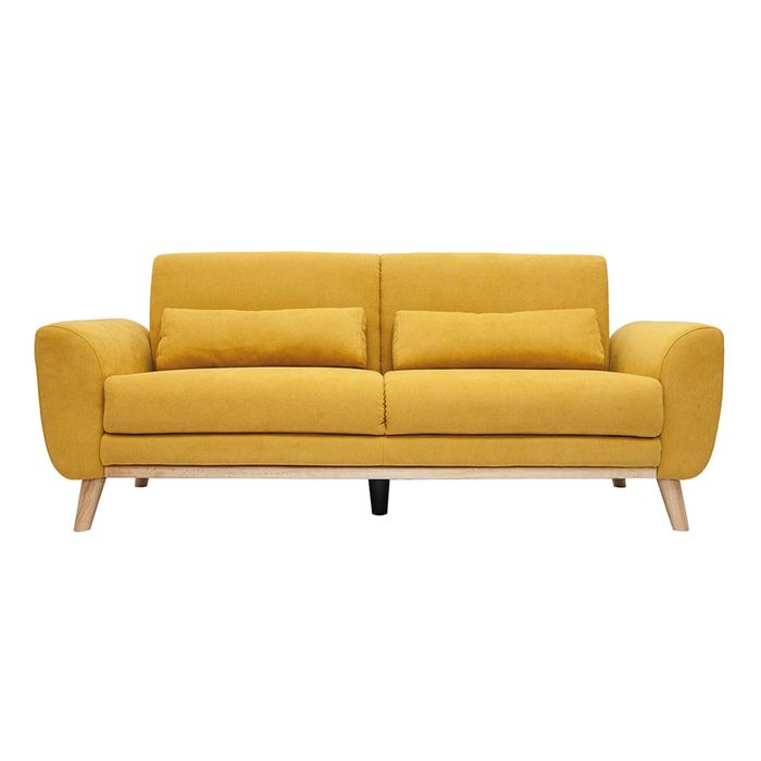 Canapé scandinave 3 places en tissu effet velours jaune moutarde et bois clair EKTOR