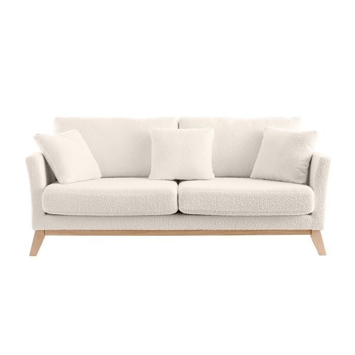 Canapé scandinave déhoussable 3 places en tissu effet laine bouclée blanc cassé et bois clair OSLO