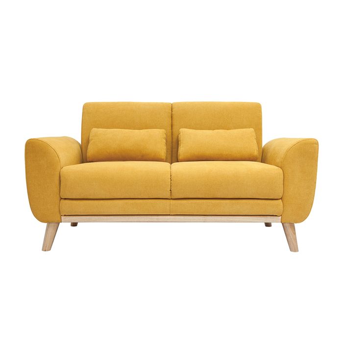 Canapé scandinave 2 places en tissu effet velours jaune moutarde et bois clair EKTOR