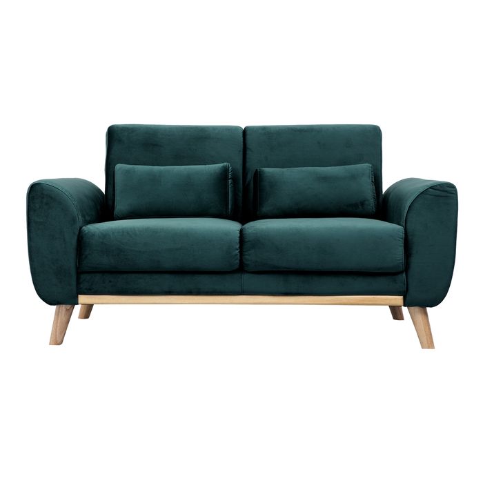 Canapé scandinave 2 places en tissu velours bleu pétrole et bois clair EKTOR