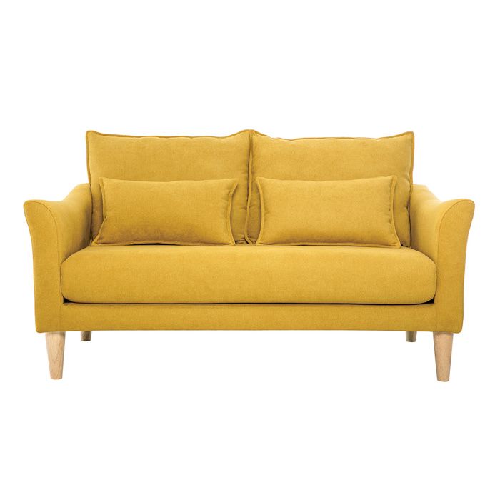 Canapé scandinave 2 places en tissu effet velours jaune moutarde et bois clair KATE