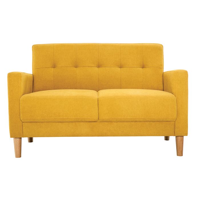 Canapé scandinave 2 places en tissu effet velours jaune moutarde et bois clair MOON