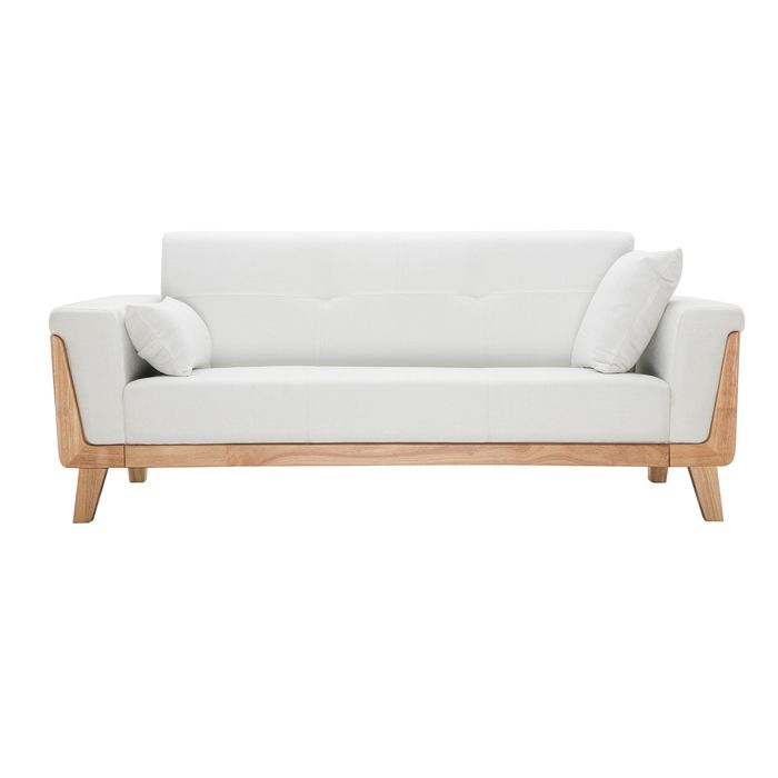 Canapé scandinave 3 places en tissu effet velours blanc cassé et bois clair FJORD