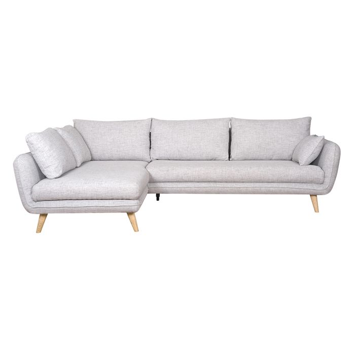 Canapé d'angle gauche scandinave 5 places en tissu gris clair chiné et bois clair CREEP