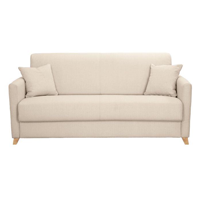 Canapé convertible 3 places en tissu beige et bois clair avec matelas 13 cm SKANDY
