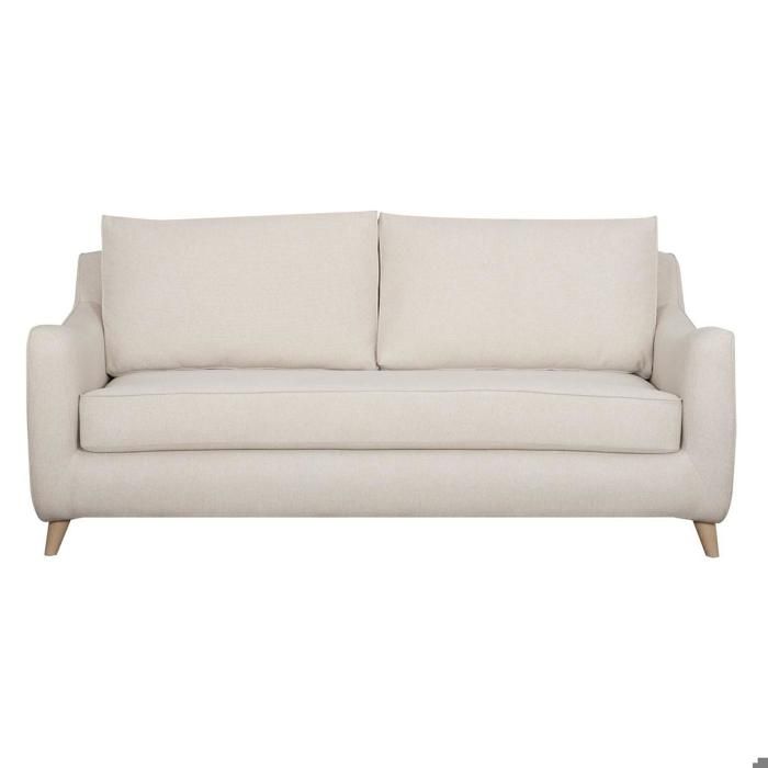 Canapé convertible scandinave 3 places en tissu beige et bois clair avec matelas 10 cm VENDOME