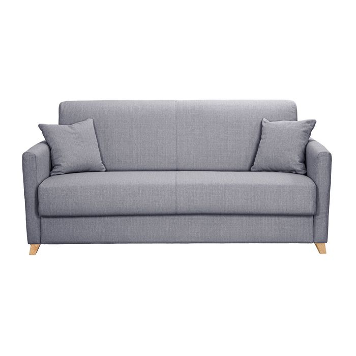 Canapé convertible 3 places en tissu gris clair et bois clair avec matelas 18 cm SKANDY