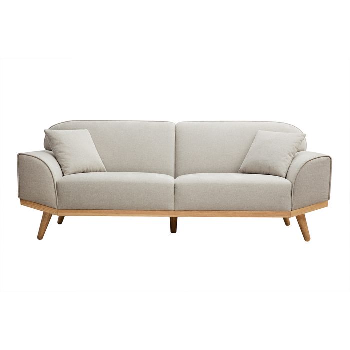 Canapé scandinave 3 places en tissu effet velours texturé beige et bois clair FREEMA
