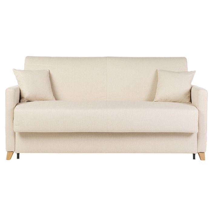 Canapé convertible 3 places en tissu beige et bois clair avec matelas 18 cm SKANDY